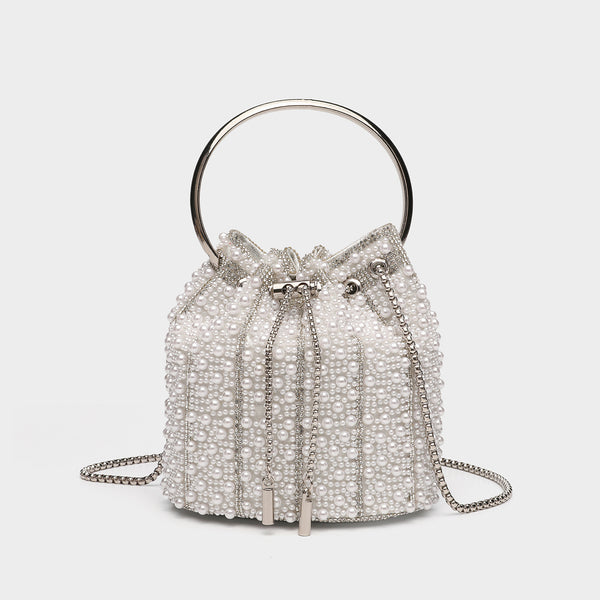 Small pearl-beaded drawstring bucket bag with silver-tone ring top handle and chain shoulder strap, front view