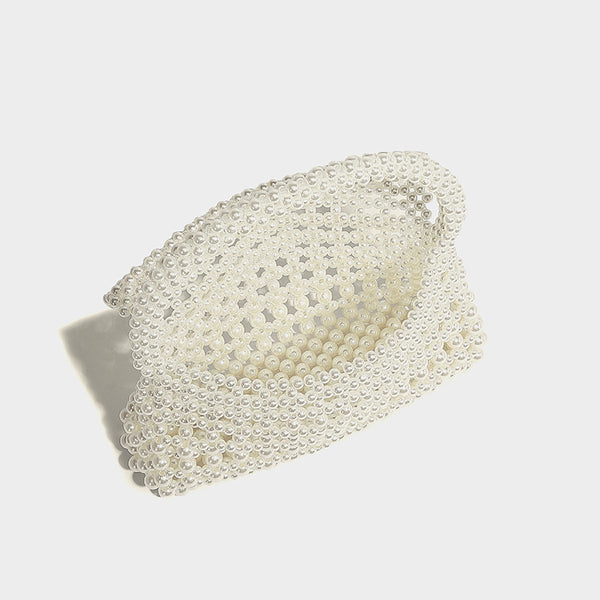 Elfenbeinfarbene Mini-Handtasche aus Kunstperlen mit geschwungenem Henkel und abnehmbarem silberfarbenem Kettenriemen, Detailansicht 24
