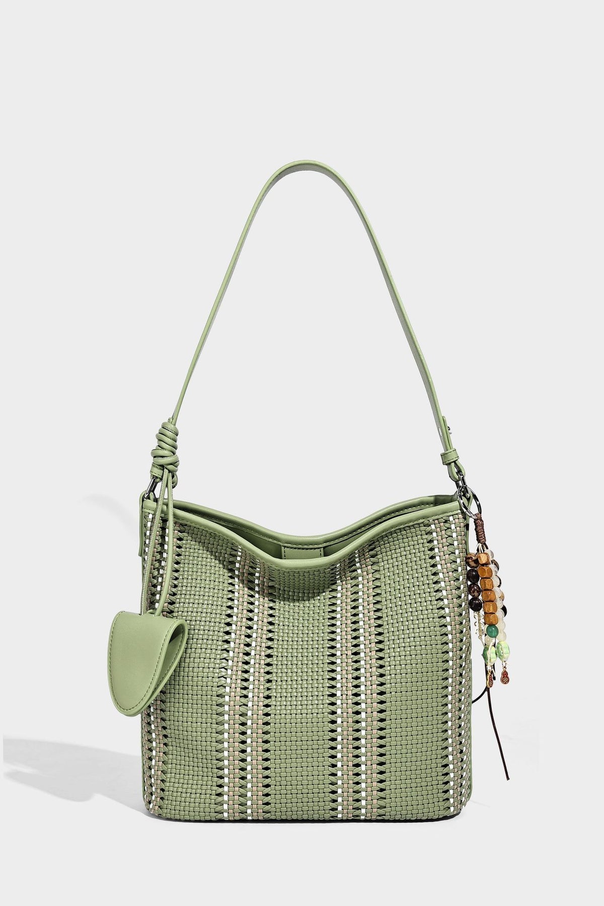 Woven bucket shoulder bag with leather-look trim, silver-tone hardware, and beaded tassel charm, detail view 21