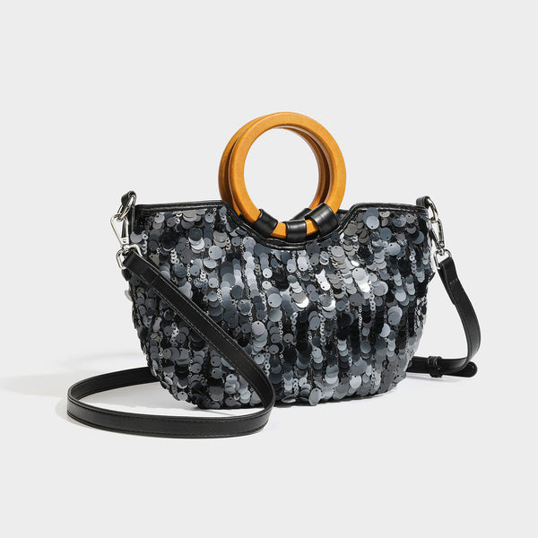 Small sequin half-moon handbag with circular wood-look ring handles and detachable leather-look shoulder strap, detail view 6