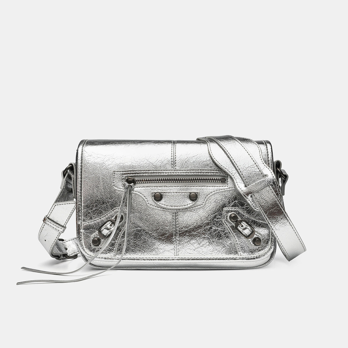 Small structured rectangular crossbody bag with crinkle leather-look finish, front zip pocket, gunmetal stud hardware, and