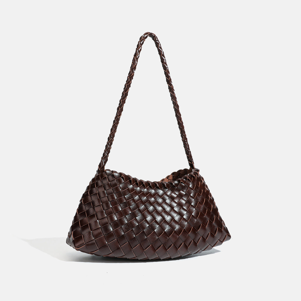 Dark brown hand-woven leather-look hobo shoulder bag with braided strap and drawstring closure, detail view 3