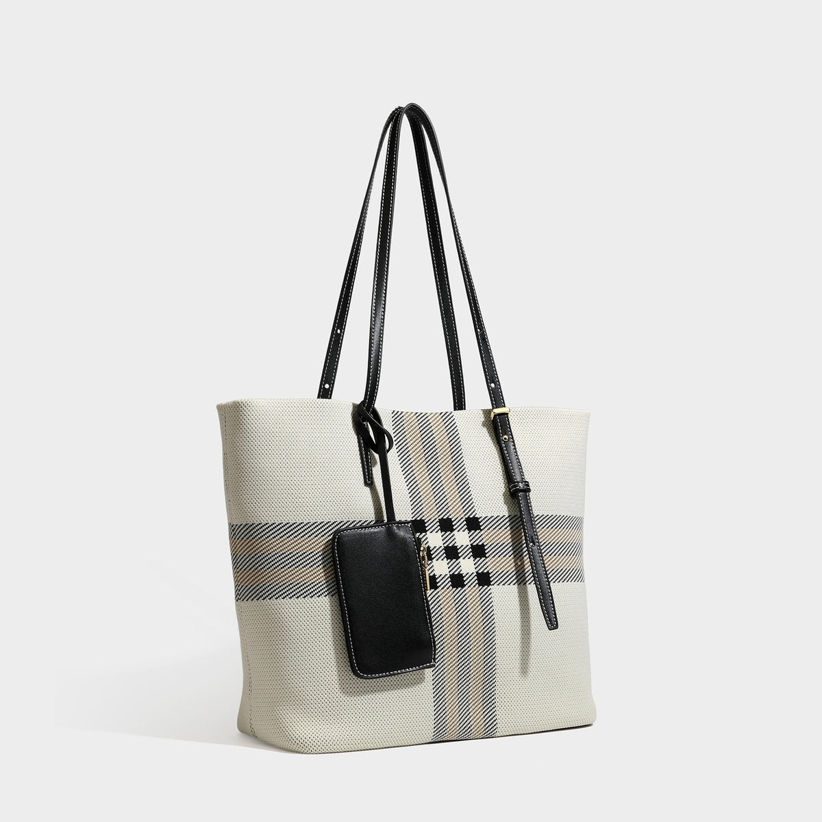 Large structured plaid check tote bag with smooth tan leather-look shoulder straps, attached front zip pouch, and gold-tone