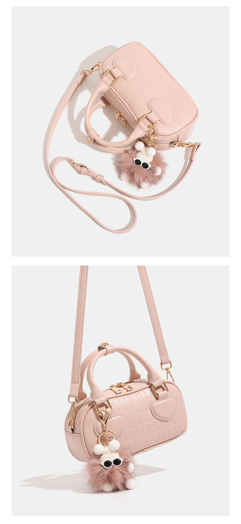 Mini croc-embossed barrel handbag with gold-tone hardware, dual zip top handles, detachable crossbody strap, and fluffy