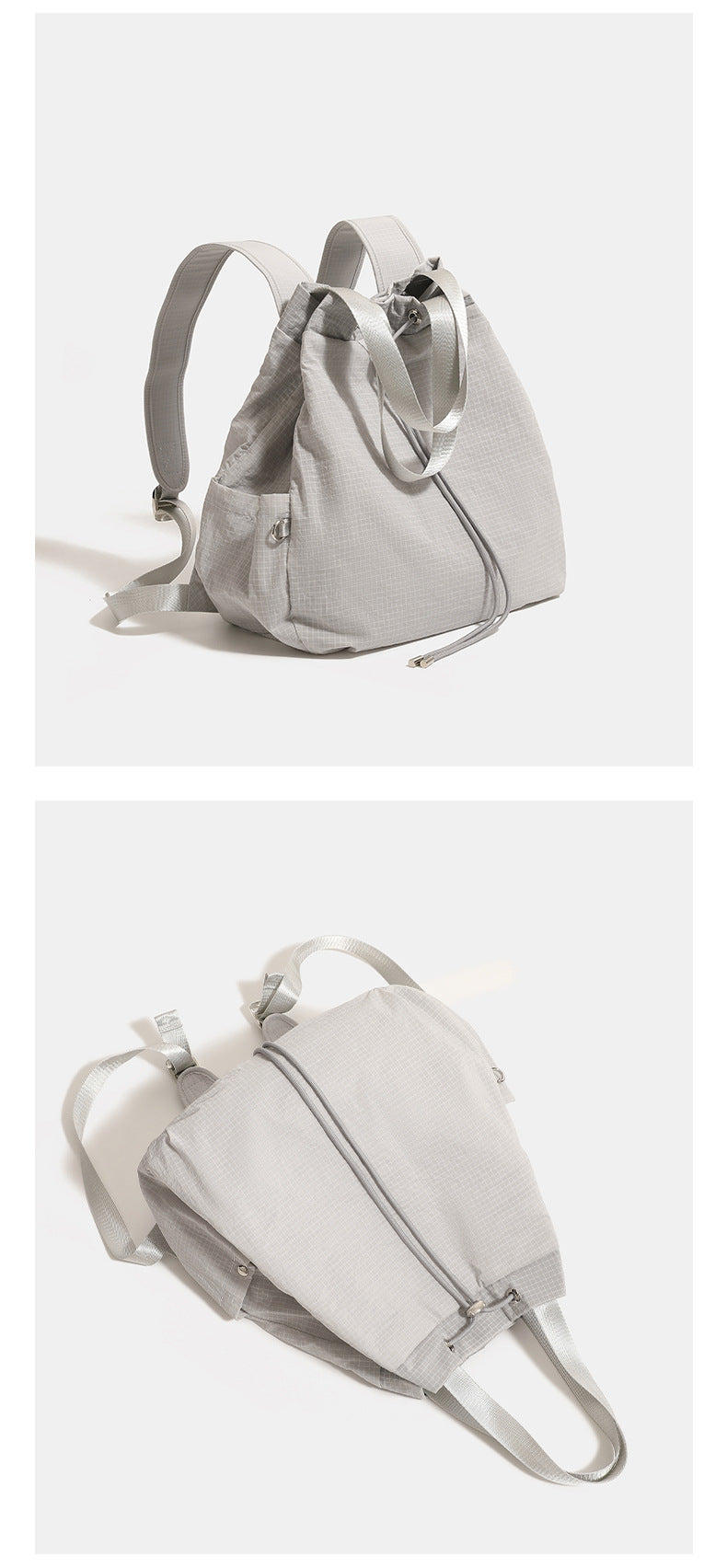 Glacier gray grid-texture nylon drawstring bucket convertible backpack with top handles and adjustable shoulder straps