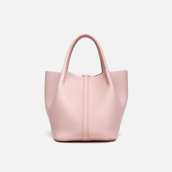 Pebbled leather-look bucket tote bag with rounded top handles and detachable shoulder strap, detail view 7
