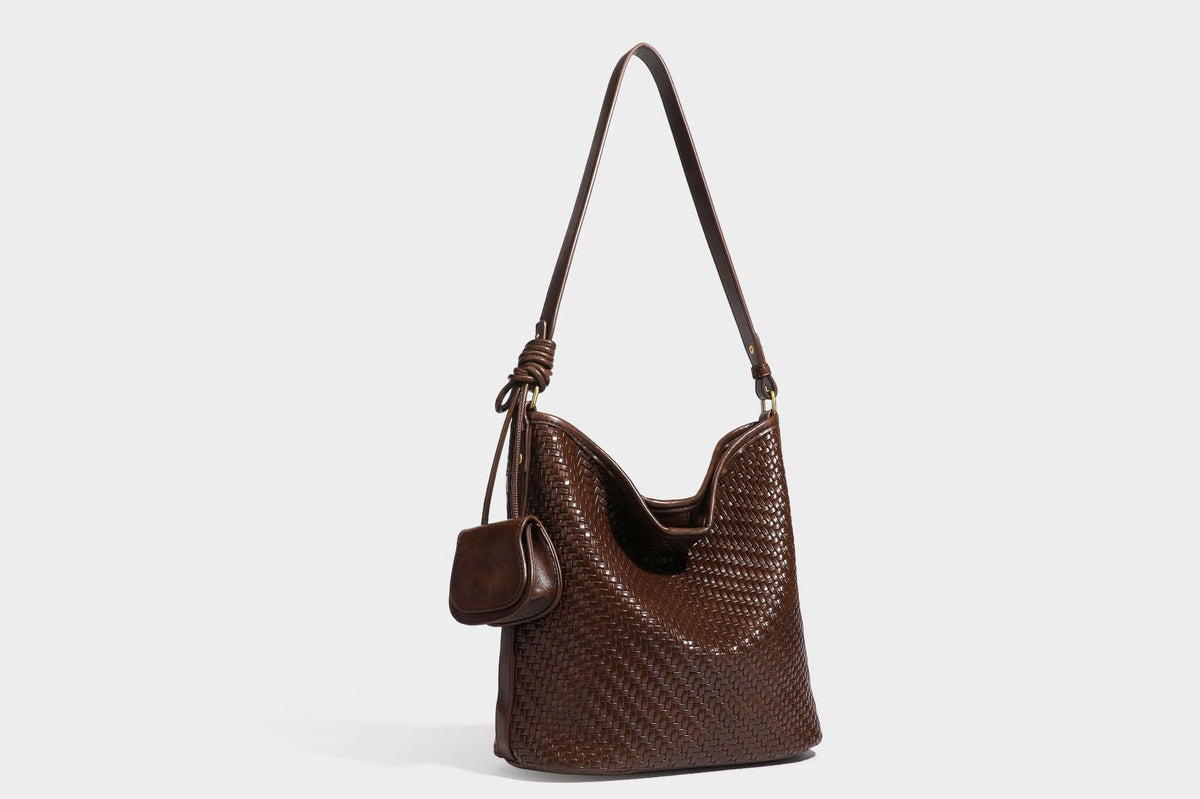 Woven-look slouchy hobo shoulder bag in brown with attached mini pouch and gold-tone hardware, detail view 27