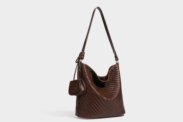 Woven-look slouchy hobo shoulder bag in brown with attached mini pouch and gold-tone hardware, detail view 27