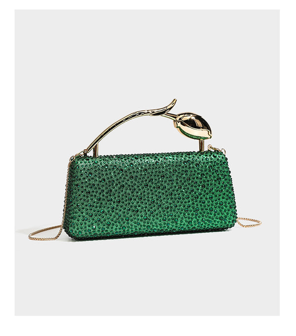 rectangular hard-case rhinestone evening clutch with sculptural gold-tone branch-and-bud top handle and detachable chain