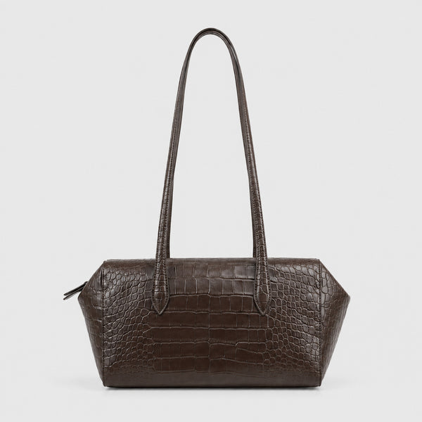 Schwarze, glänzende trapezförmige Schultertasche mit Kroko-Prägung, zwei abgerundeten Trageriemen und Reißverschluss, Detailansicht 10