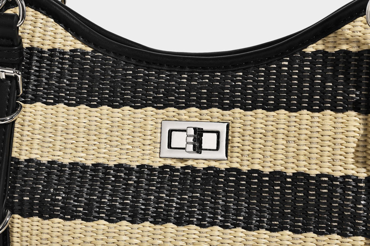 Black and natural striped woven tote bag with chain shoulder strap and silver-tone turn-lock hardware, detail view 14