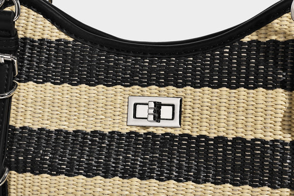 Black and natural striped woven tote bag with chain shoulder strap and silver-tone turn-lock hardware, detail view 14