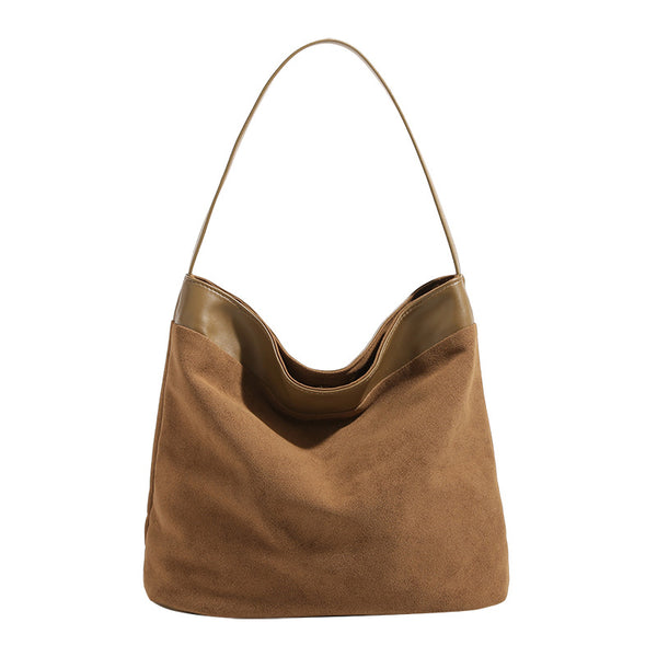 Vintage matte suede-effect bucket shoulder bag with smooth leather-look trim band and flat strap, detail view 5