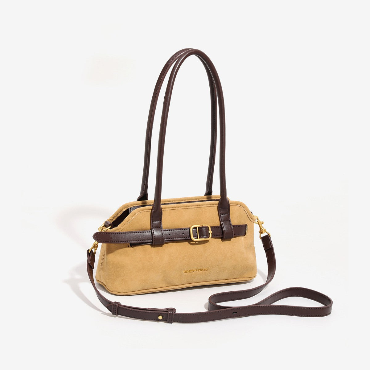 Strukturierte Baguette-Schultertasche mit vorderem Riemen mit Schnallendetail und zwei langen Henkeln, Detailansicht 2