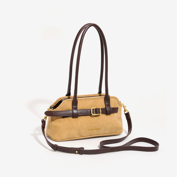 Strukturierte Baguette-Schultertasche mit vorderem Riemen mit Schnallendetail und zwei langen Henkeln, Detailansicht 2
