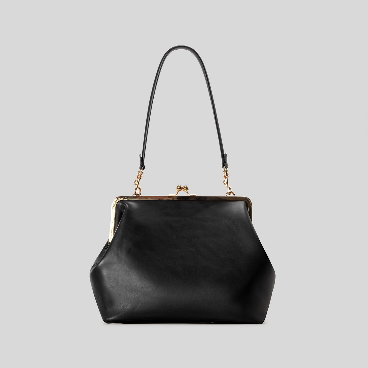 Trapezoid kiss-lock frame shoulder bag with gold-tone hardware and slim adjustable strap, detail view 8