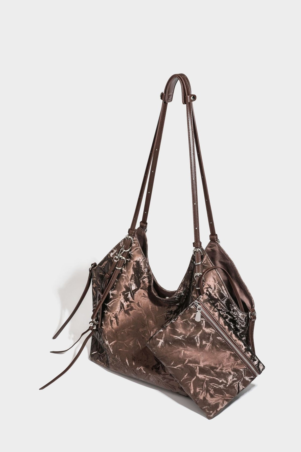 Slouchy crinkle-finish shoulder tote bag with silver hardware and attached zip pouch, detail view 31