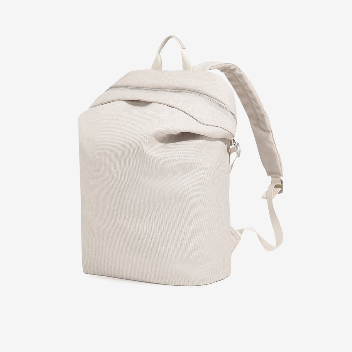 Structured matte-fabric backpack handbag with silver-tone zip closure and top carry handle, detail view 13