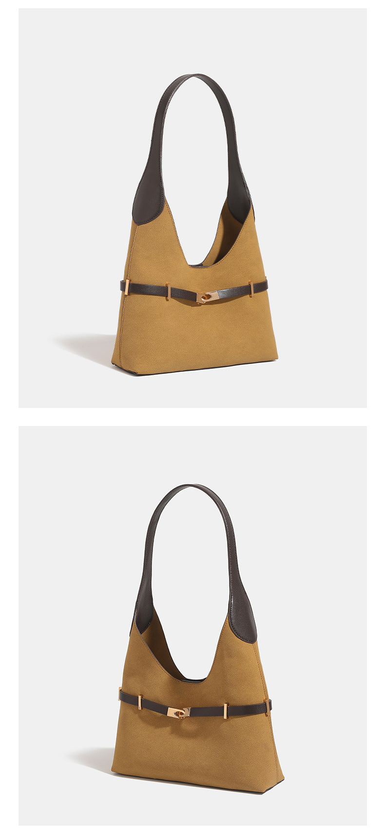 Senfgelbe Hobo-Schultertasche mit matter Velourslederoptik, dunkelbraunen Besätzen in Lederoptik und roségoldfarbenem Gürtelschloss, Detailansicht 7