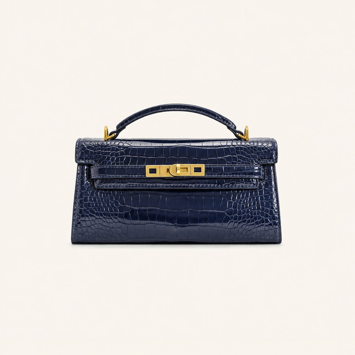Strukturierte rechteckige Satchel-Tasche mit Krokodilprägung, goldfarbenem Drehverschluss und kurzem Henkel, Detailansicht 11
