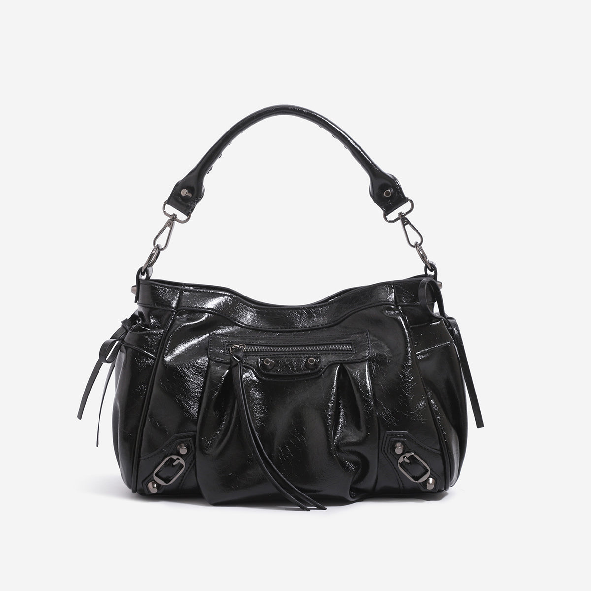 Glossy crinkled slouchy shoulder bag with silver-tone studs, fringe tassel pulls, front zip pocket, and arched top handle