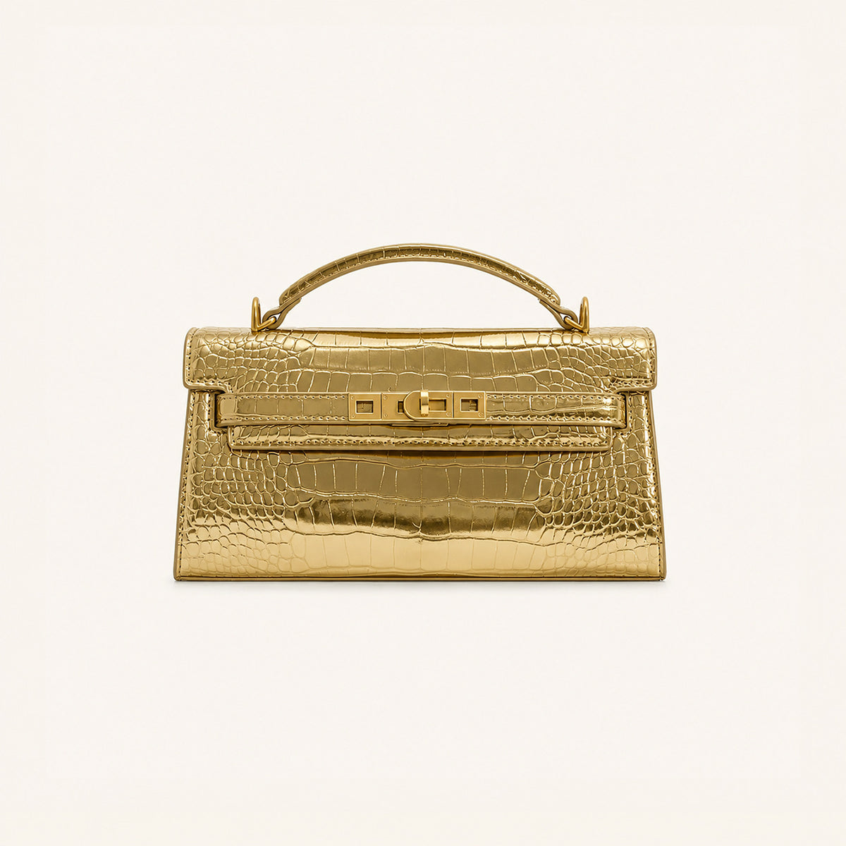 Strukturierte rechteckige Satchel-Tasche mit Krokodilprägung, goldfarbenem Drehverschluss und kurzem Henkel, Detailansicht 8