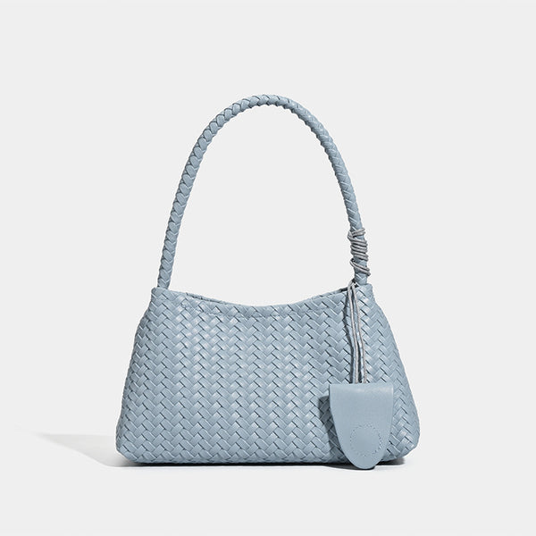 Woven leather-look shoulder bag with braided strap, trapezoidal body, and matching zip pouch, detail view 8