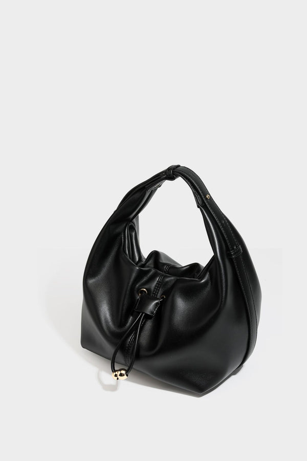 Slouchy hobo bag with smooth leather-look finish, drawstring cinch closure, and gold-tone bead hardware, detail view 29
