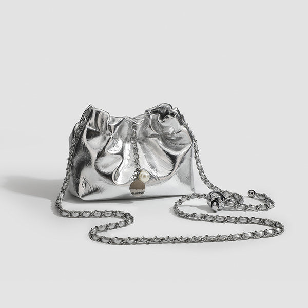 Small ruched drawstring bucket bag with twisted-link chain strap and pearl charm pull, detail view 2