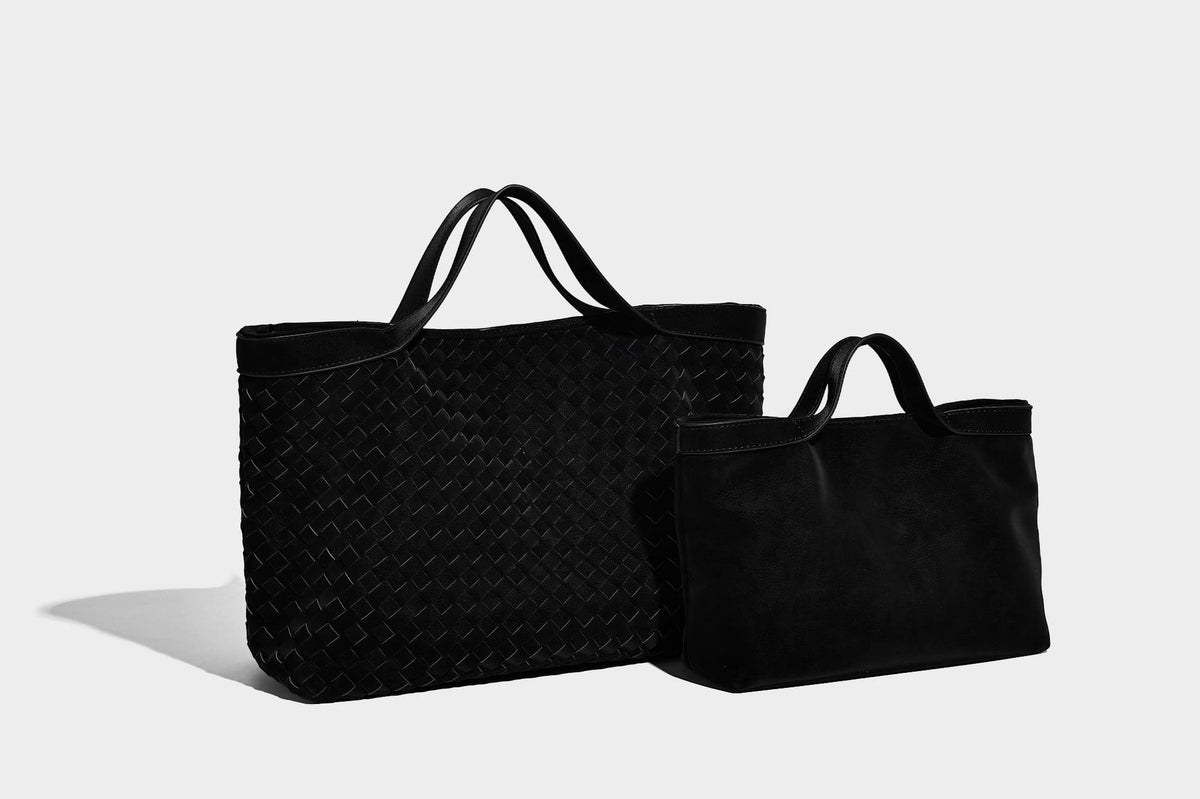 Große, formstabile Tote-Bag in Lederoptik mit gewebter Struktur und passender kleiner Tasche in Dunkelbraun, zwei Henkeln und verstellbarem