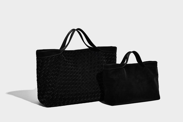 Große, formstabile Tote-Bag in Lederoptik mit gewebter Struktur und passender kleiner Tasche in Dunkelbraun, zwei Henkeln und verstellbarem
