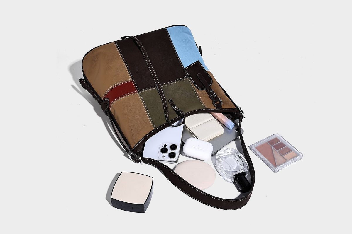 Patchwork bucket tote shoulder bag with tan, dark brown, olive, red, and sky blue color-block panels, white contrast, detail