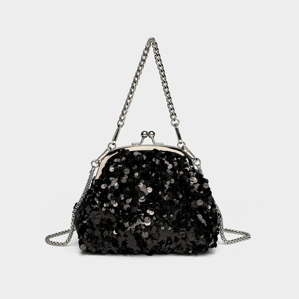 Small structured sequin kiss-lock evening bag with silver-tone chain strap in cream white, detail view 8
