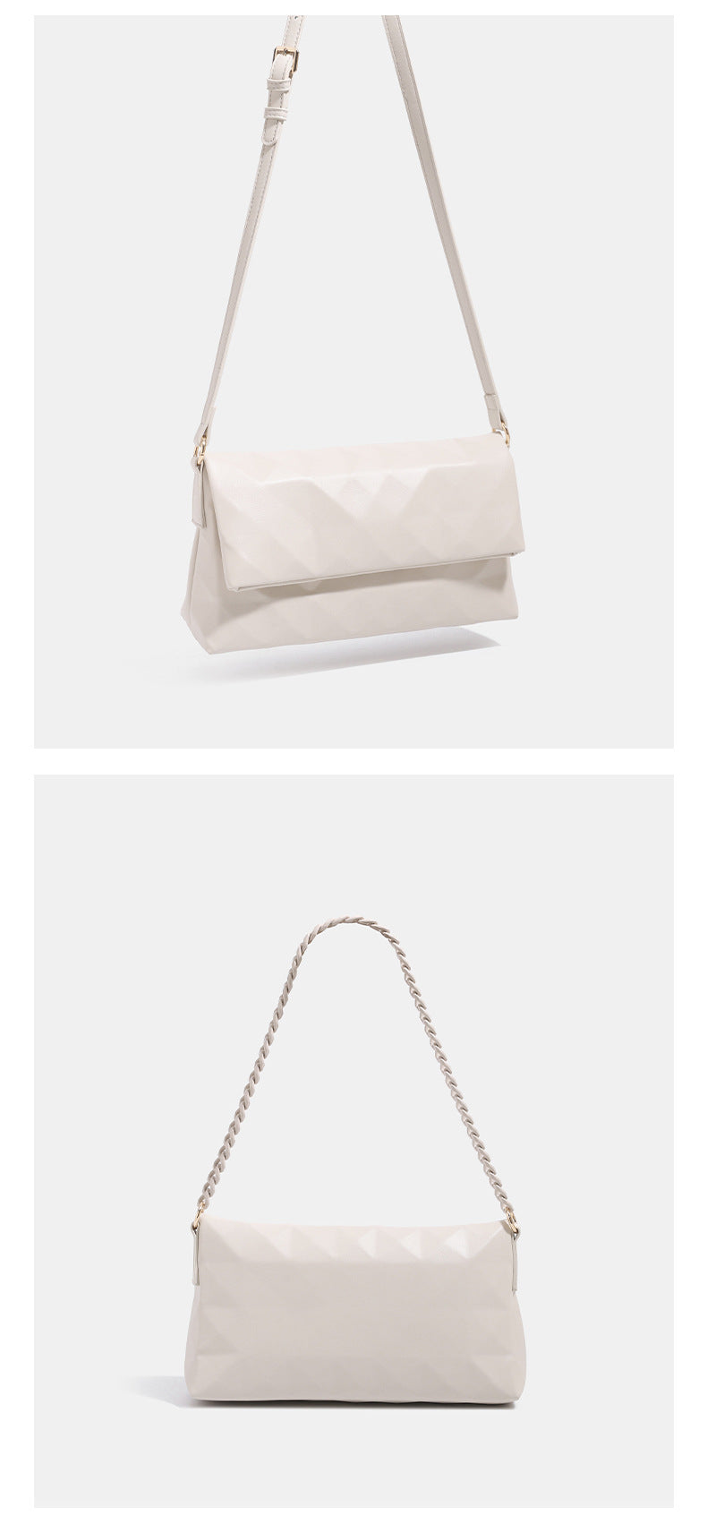 Geometric faceted flap shoulder bag with braided chain strap in black and ivory leather-look finish, detail view 11