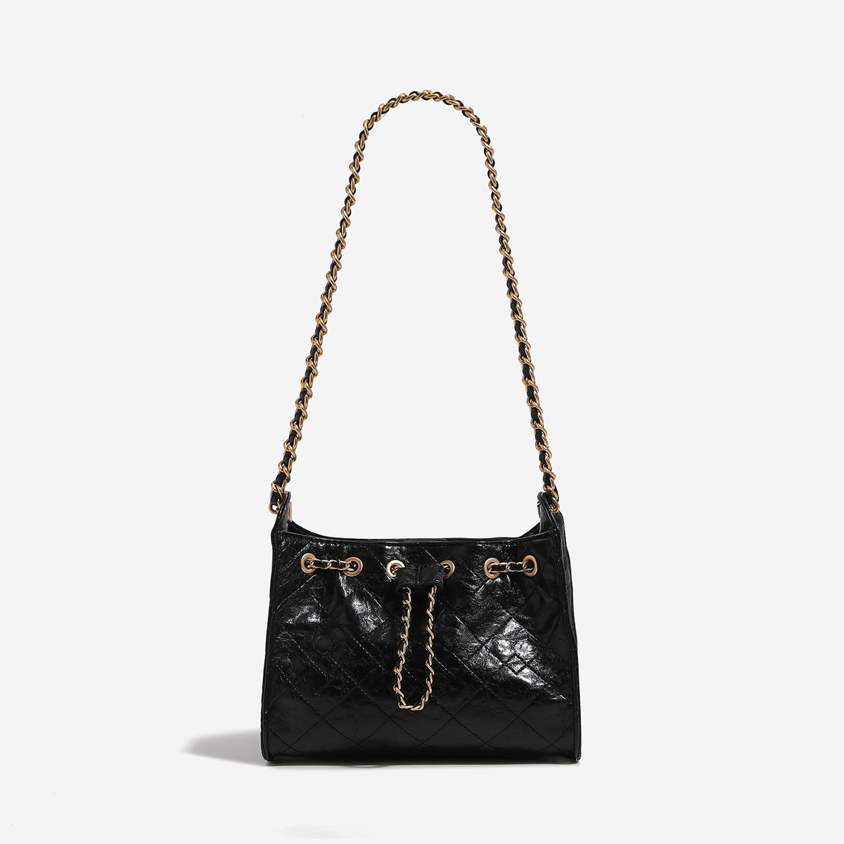 Glossy diamond-quilted drawstring bucket bag with gold-tone chain strap and eyelet hardware, detail view 6
