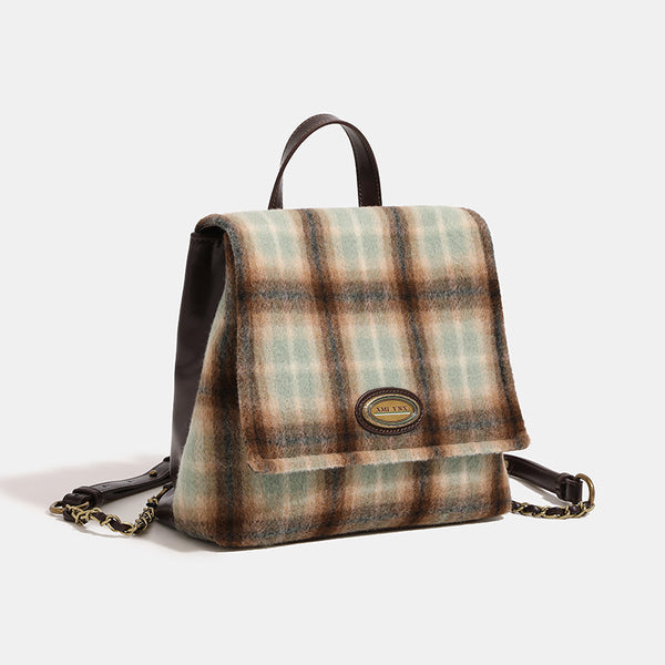Structured plaid wool-blend flap backpack handbag in khaki sage and brown check with dark leather-look straps and antique