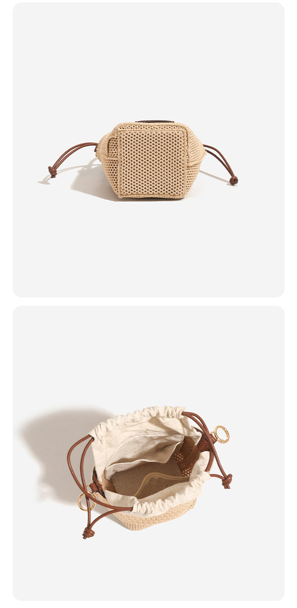 Compact openwork woven bucket bag with gathered cream drawstring liner, leather-look brown trim and cords, and gold-tone