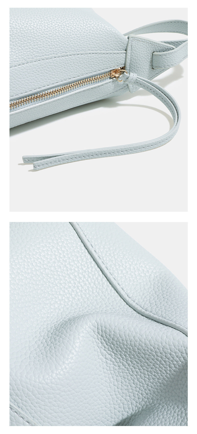 Small structured mini crossbody shoulder bag with pebbled texture, knotted adjustable strap, top zip closure, and gold-tone