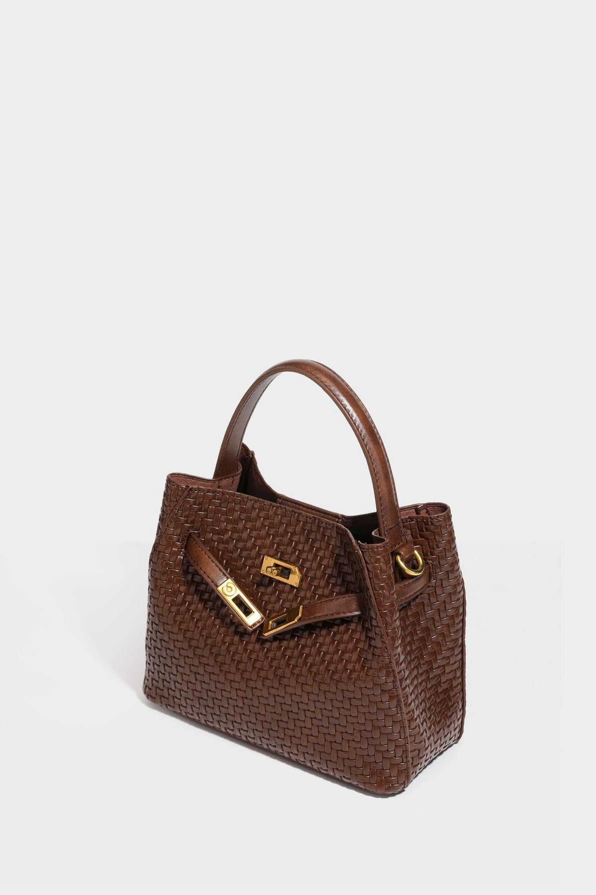 Structured woven leather-look bucket bag with gold-tone turn-lock hardware and detachable shoulder strap, detail view 42