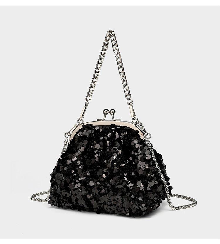 Small structured sequin kiss-lock evening bag with silver-tone chain strap in cream white, detail view 18