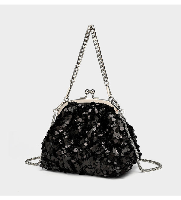 Small structured sequin kiss-lock evening bag with silver-tone chain strap in cream white, detail view 18
