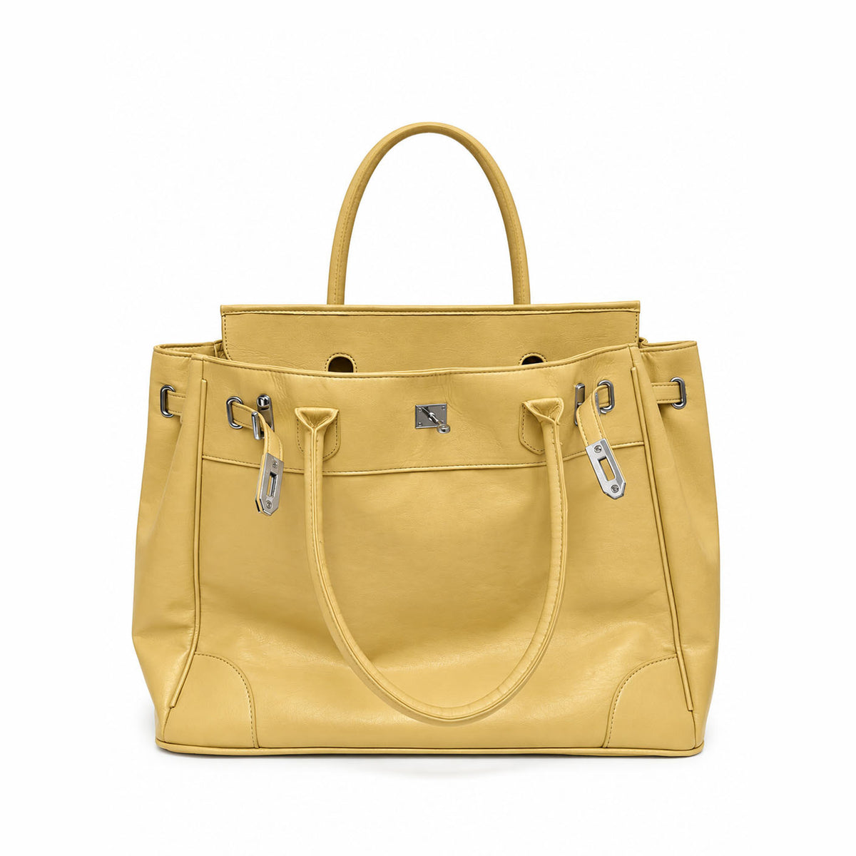 Large structured tote bag with turn-lock closure, silver-tone buckle hardware, and twin rolled handles, detail view 2
