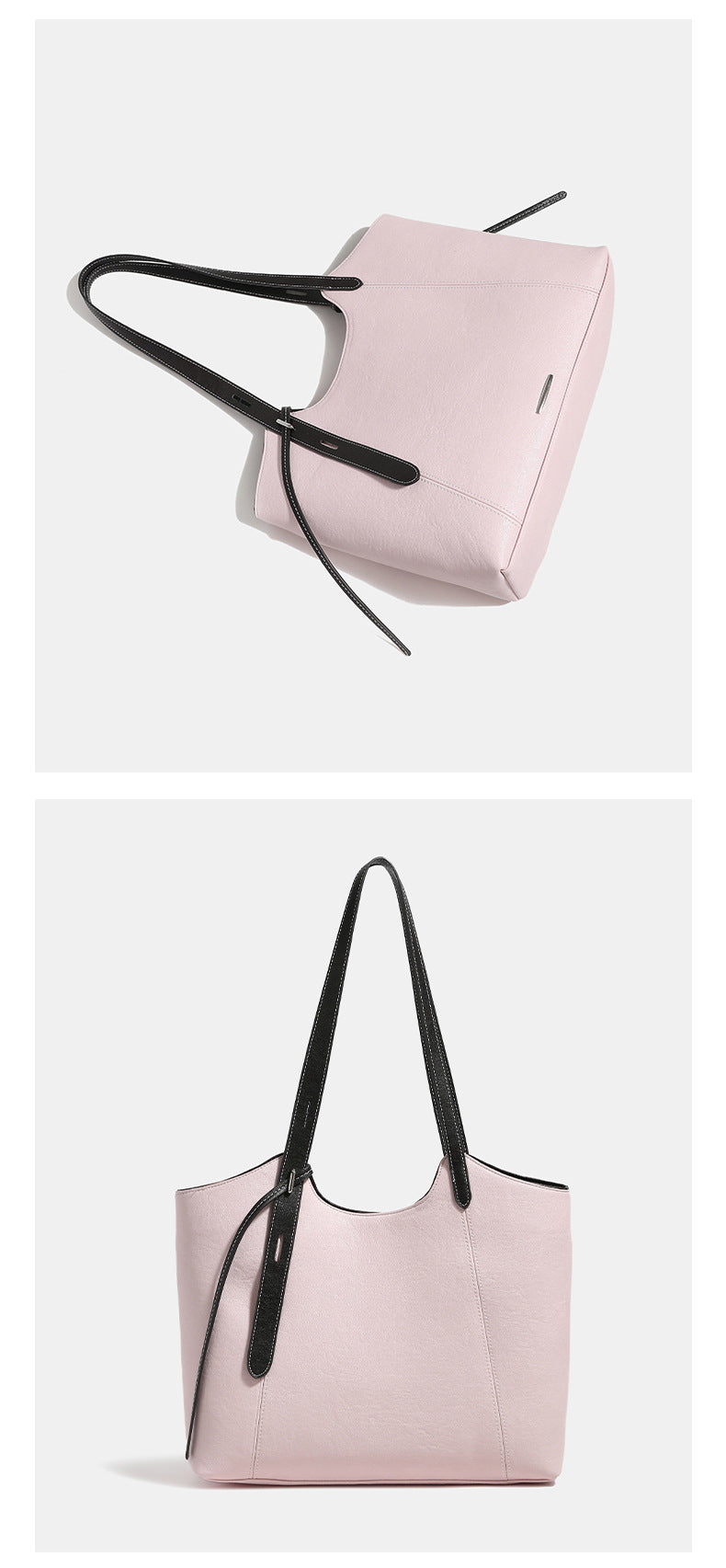 Structured trapezoidal tote bag with smooth leather-look finish, long black contrast shoulder straps, and dangling strap