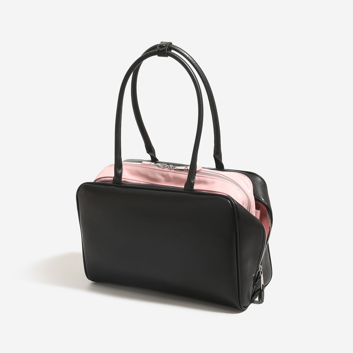 Structured rectangular leather-look top-handle tote bag with zip closure and silver-tone hardware, detail view 3