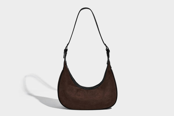 Crescent hobo shoulder bag in matte suede-look finish with black trim and adjustable strap, detail view 20