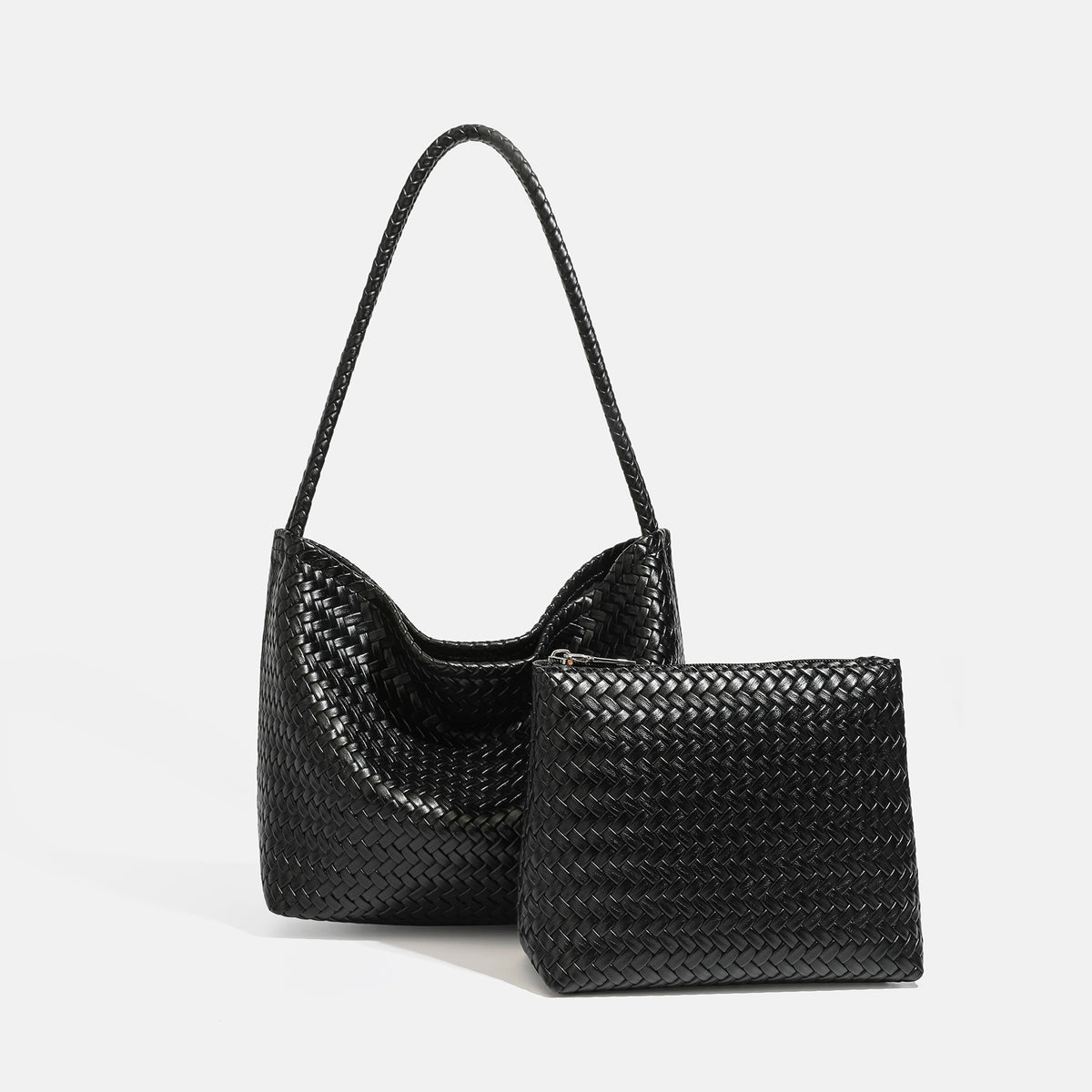 Woven leather-look hobo shoulder bag with braided strap and matching zip pouch, detail view 8