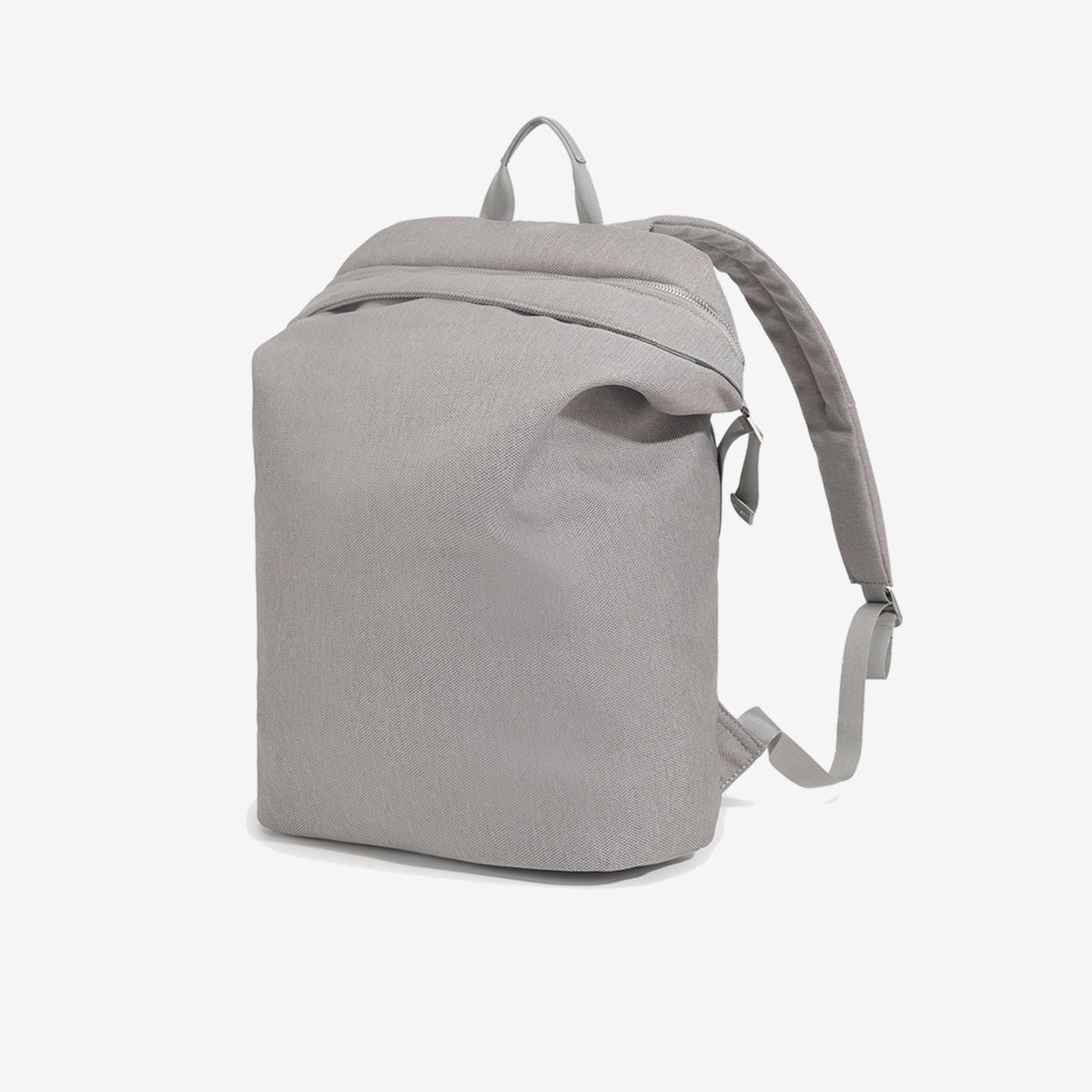 Structured matte-fabric backpack handbag with silver-tone zip closure and top carry handle, detail view 10