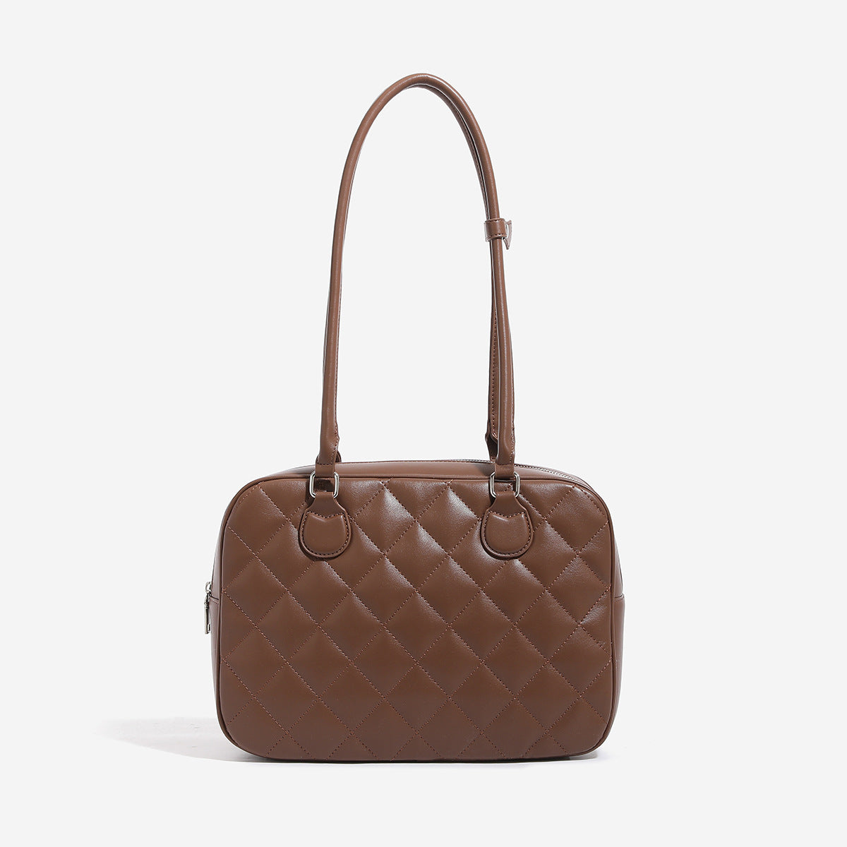 Structured quilted diamond-stitch bowling shoulder bag with glossy leather-look finish, top zip closure, and silver-tone