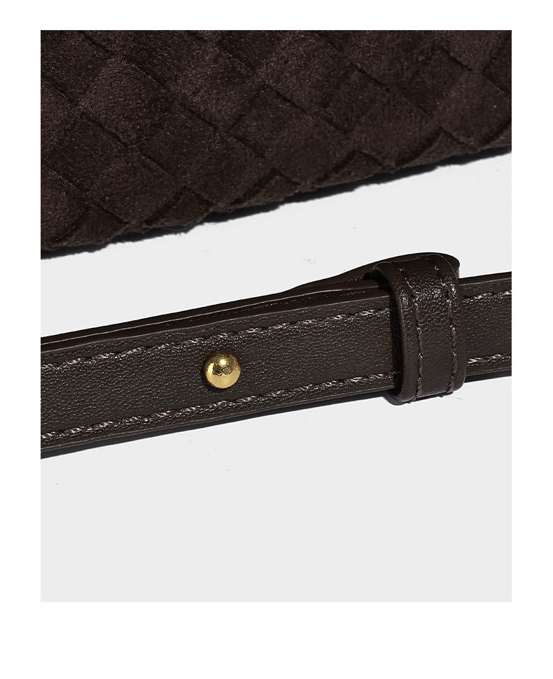 Dark chocolate woven texture hobo shoulder bag with multicolor tassel-and-bead charm and long adjustable strap, detail view