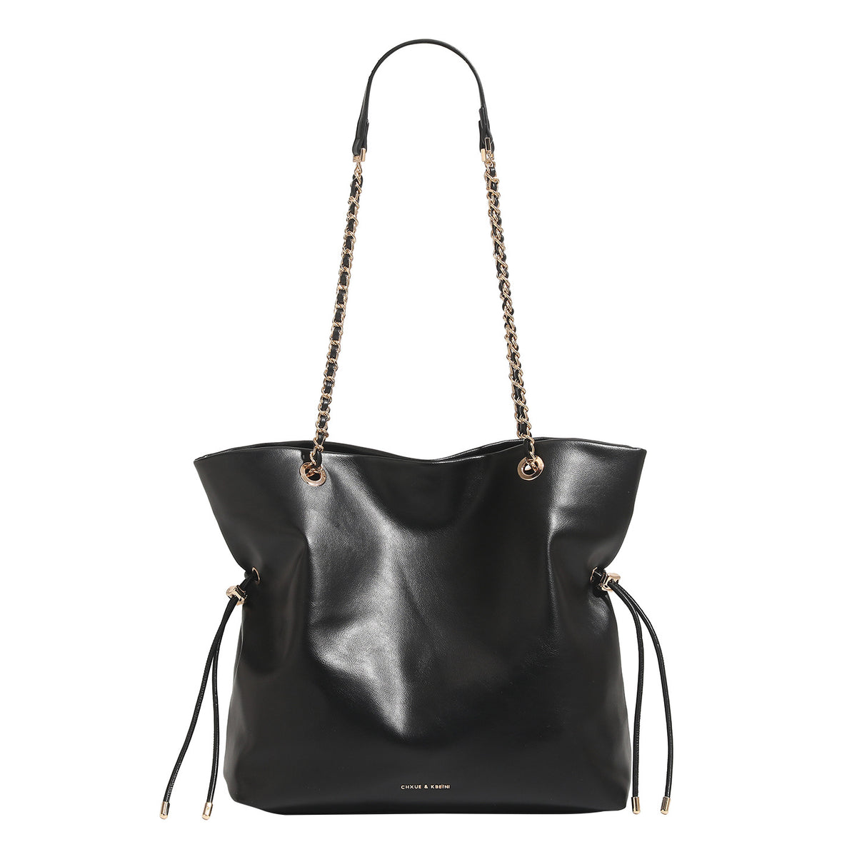 Soft-structured leather-look tote bag with gold-tone chain-and-strap shoulder handles and side drawstring cinches, detail